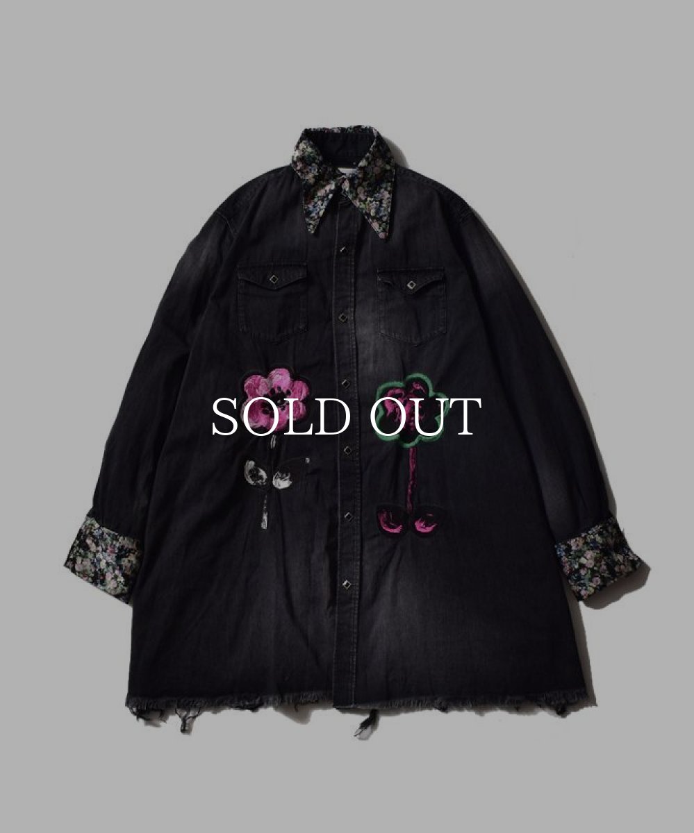 画像1: MINEDENIM  × KIDILL HIPPIE DENIM SHIRT - DISTRESSED DENIM - EMBROIDERY (BLACK) (1)