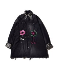 画像1: MINEDENIM  × KIDILL HIPPIE DENIM SHIRT - DISTRESSED DENIM - EMBROIDERY (BLACK) (1)