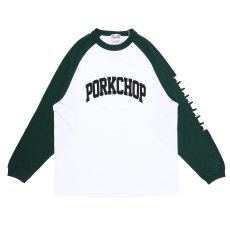 画像1: PORKCHOP GARAGE SUPPLY  COLLEGE RAGLAN L/S TEE (WHITE × GREEN) (1)