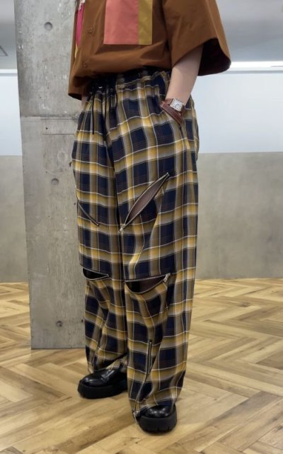 画像1: KIDILL  WIDE ZIP PANTS (NAVY YELLOW CHECK)