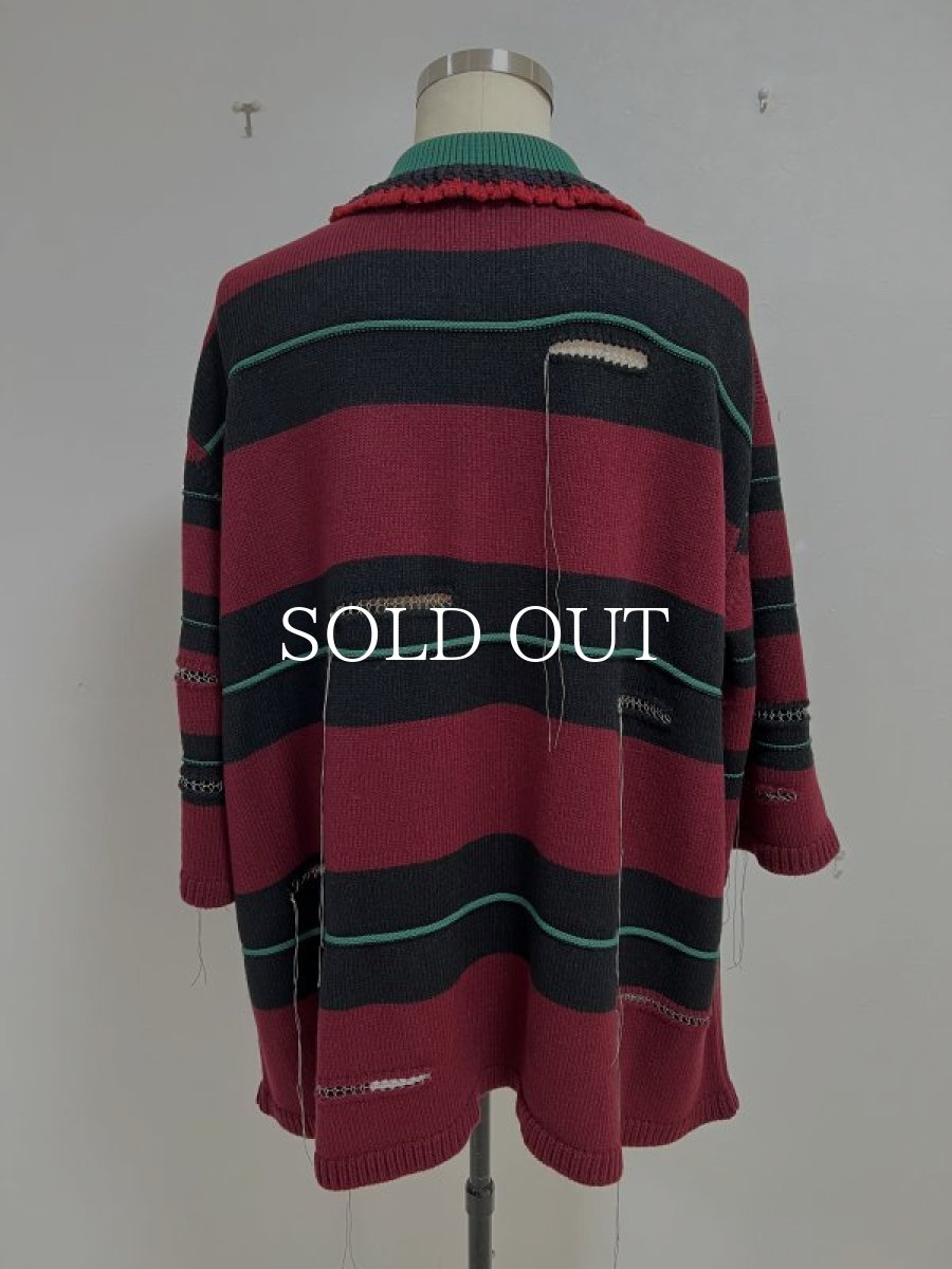 画像2: KIDILL  OVERSIZD BORDER POLO KNIT COLLAB WITH rurumu: (BLACK × DARK RED) (2)