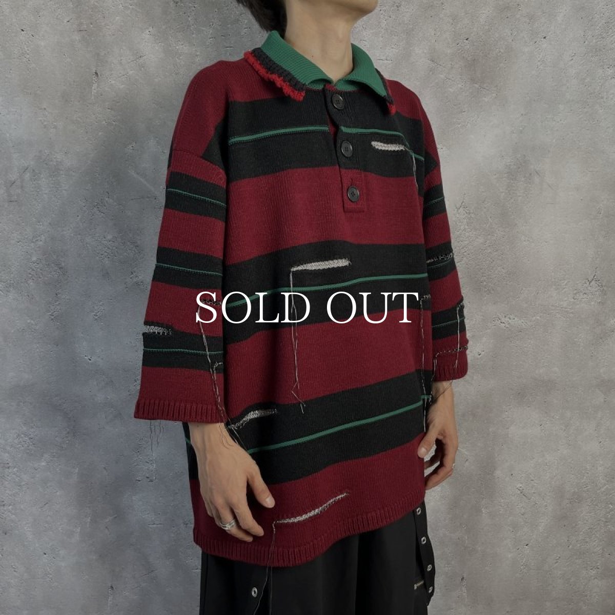 画像3: KIDILL  OVERSIZD BORDER POLO KNIT COLLAB WITH rurumu: (BLACK × DARK RED) (3)