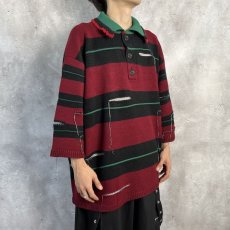 画像3: KIDILL  OVERSIZD BORDER POLO KNIT COLLAB WITH rurumu: (BLACK × DARK RED) (3)