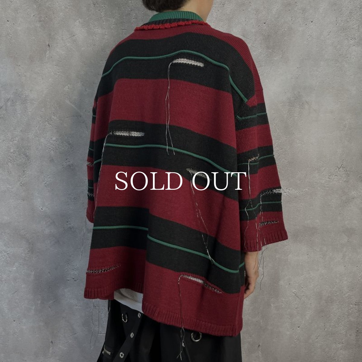 画像4: KIDILL  OVERSIZD BORDER POLO KNIT COLLAB WITH rurumu: (BLACK × DARK RED) (4)