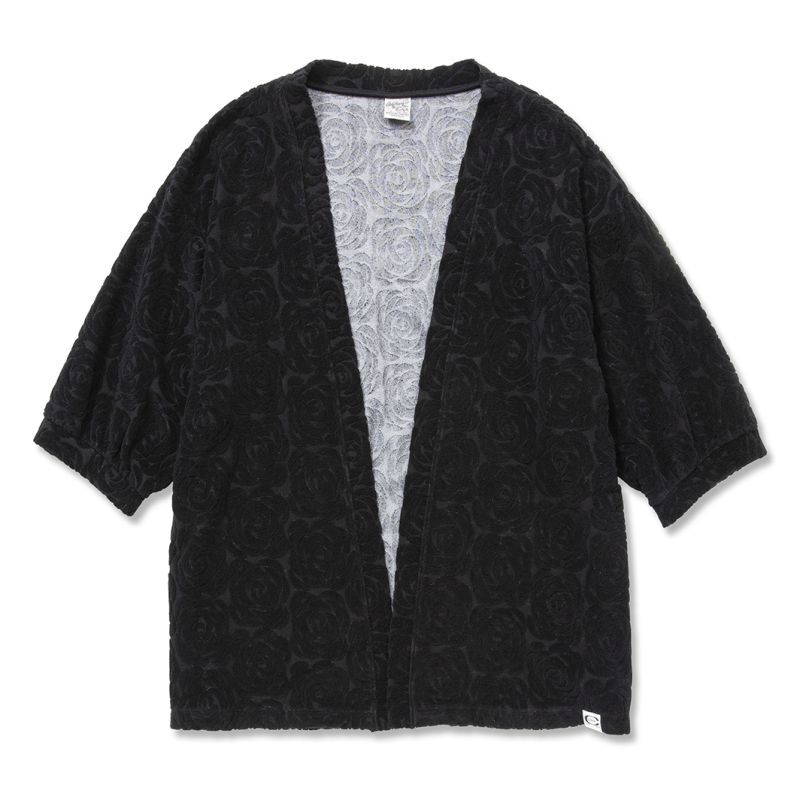 画像1: CALEE  6 Length sleeve rose pattern pile jacquard cardigan (Black) (1)