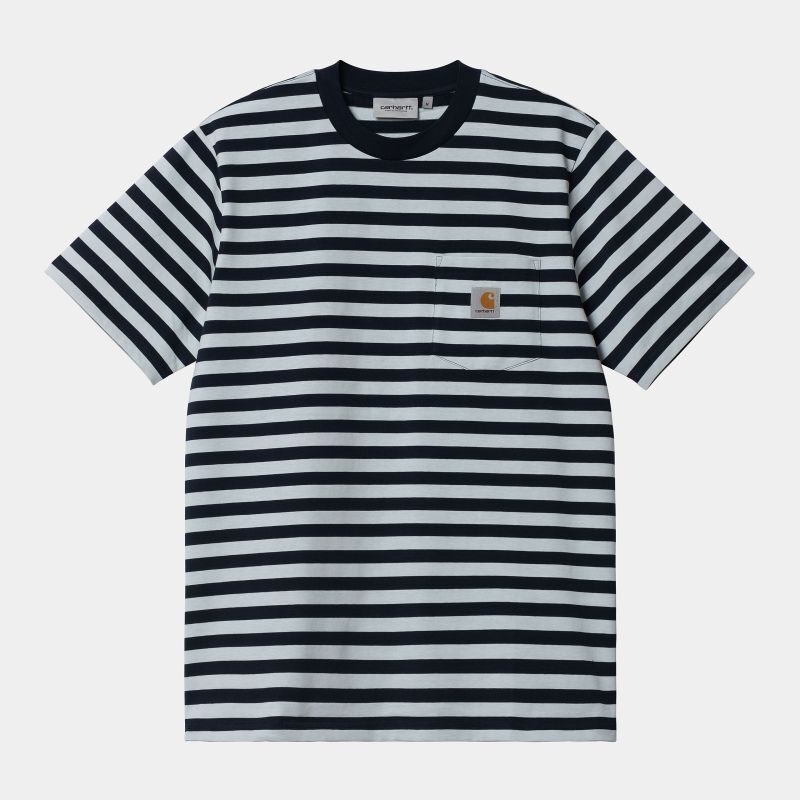 Original Penguin T-Shirt Uomo A Righe Orizzontali Con Tasca, Jersey Di Cotone, Manica Corta