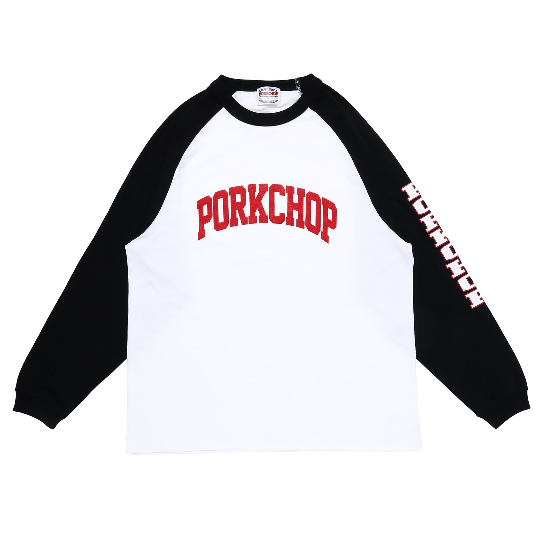 PORKCHOP GARAGE SUPPLY COLLEGE RAGLAN L/S TEE (WHITE × BLACK)