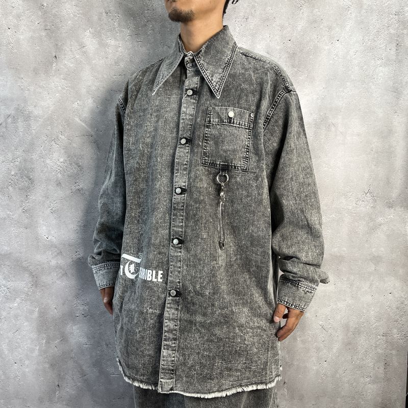 KIDILL OVERSIZE DENIM SHIRT MULTI PRINT CHEMICAL WASH BLACK